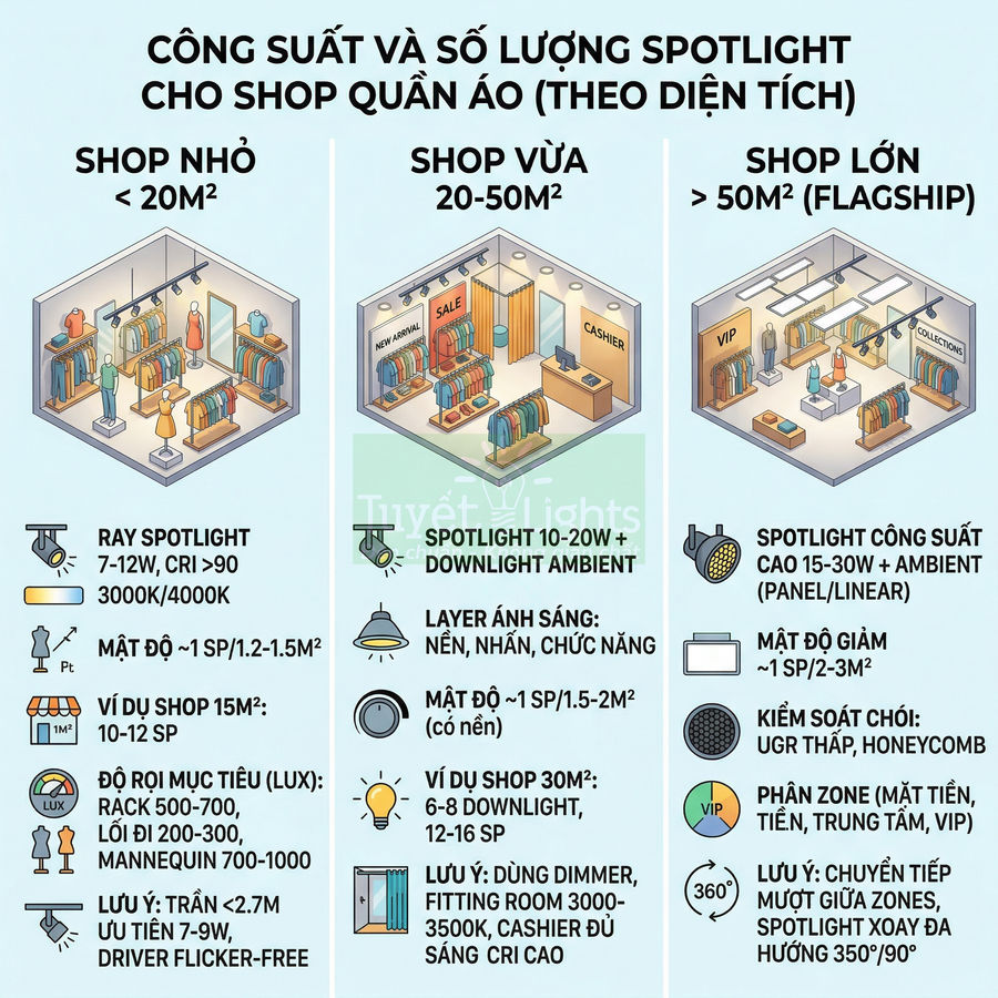 Hướng dẫn chọn công suất và số lượng đèn spotlight cho shop quần áo nhỏ vừa lớn theo diện tích và khu vực trưng bày