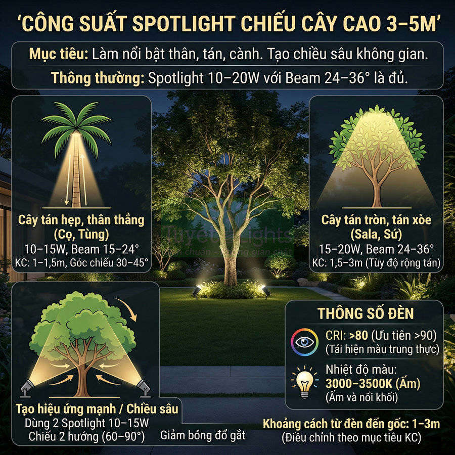Hướng dẫn chọn công suất đèn spotlight chiếu cây cao 3–5m trong sân vườn ban đêm