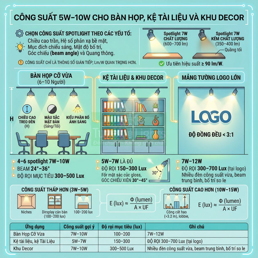 Hướng dẫn chọn công suất đèn spotlight 5W 10W cho bàn họp, kệ tài liệu và khu decor văn phòng