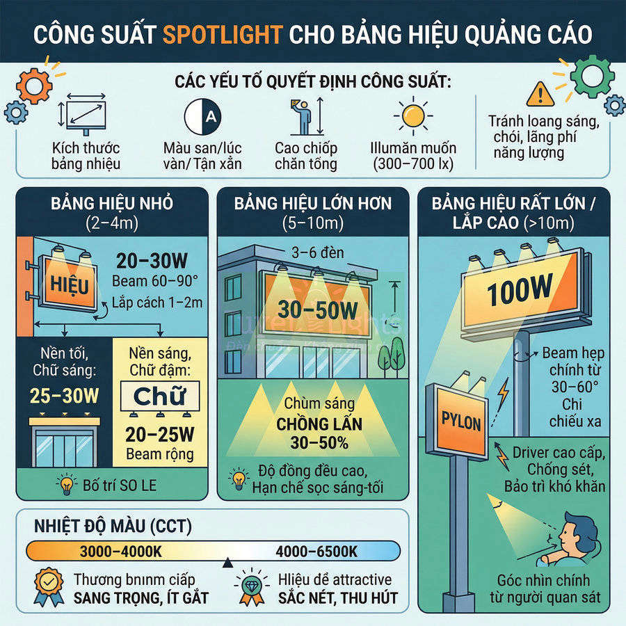 Infographic hướng dẫn chọn công suất đèn spotlight chiếu sáng bảng hiệu quảng cáo theo kích thước và nhiệt độ màu