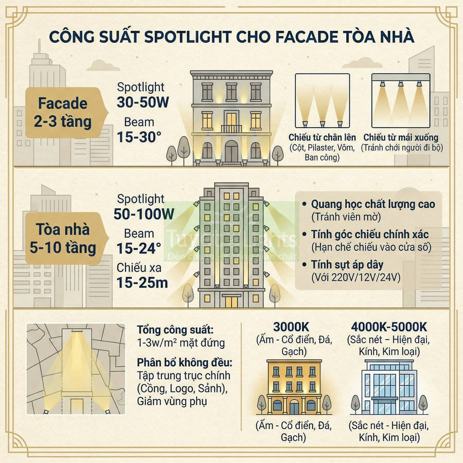 Infographic hướng dẫn chọn công suất đèn spotlight chiếu sáng facade tòa nhà 2 đến 10 tầng