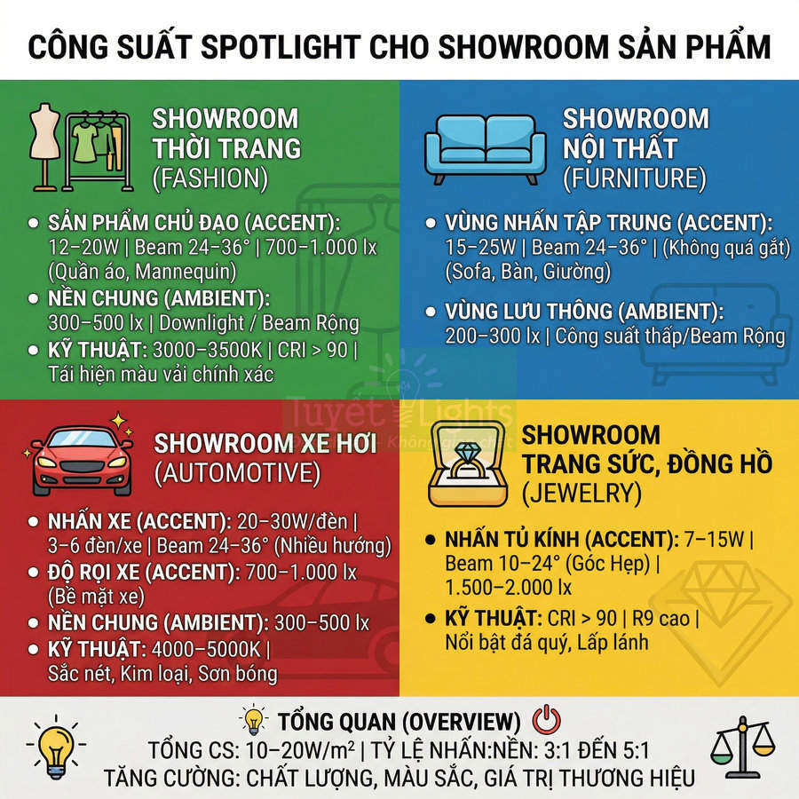 Bảng hướng dẫn công suất đèn spotlight cho showroom thời trang, nội thất, ô tô, trang sức và đồng hồ