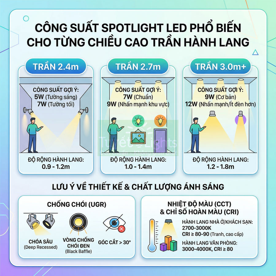 Hướng dẫn chọn công suất đèn spotlight LED cho trần hành lang cao 2.4m 2.7m và 3m trở lên