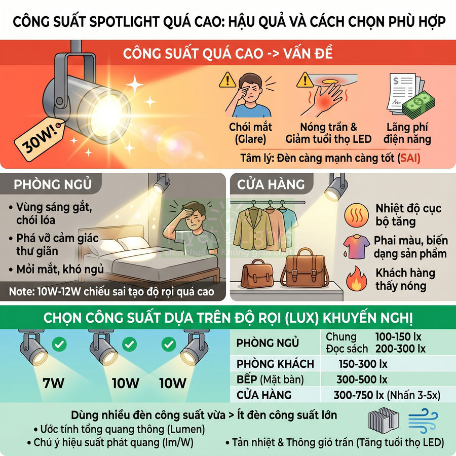 Infographic hướng dẫn chọn công suất đèn spotlight LED phù hợp cho phòng ngủ, phòng khách, bếp và cửa hàng