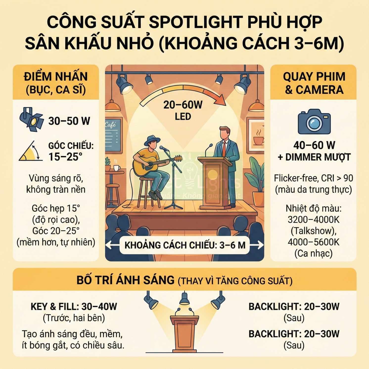 Hướng dẫn chọn công suất đèn spotlight LED 20–60W cho sân khấu nhỏ, quay phim và bố trí ánh sáng trước sau