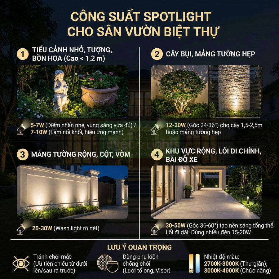 Hướng dẫn chọn công suất đèn spotlight chiếu sáng sân vườn biệt thự cho tiểu cảnh, cây bụi, tường và lối đi