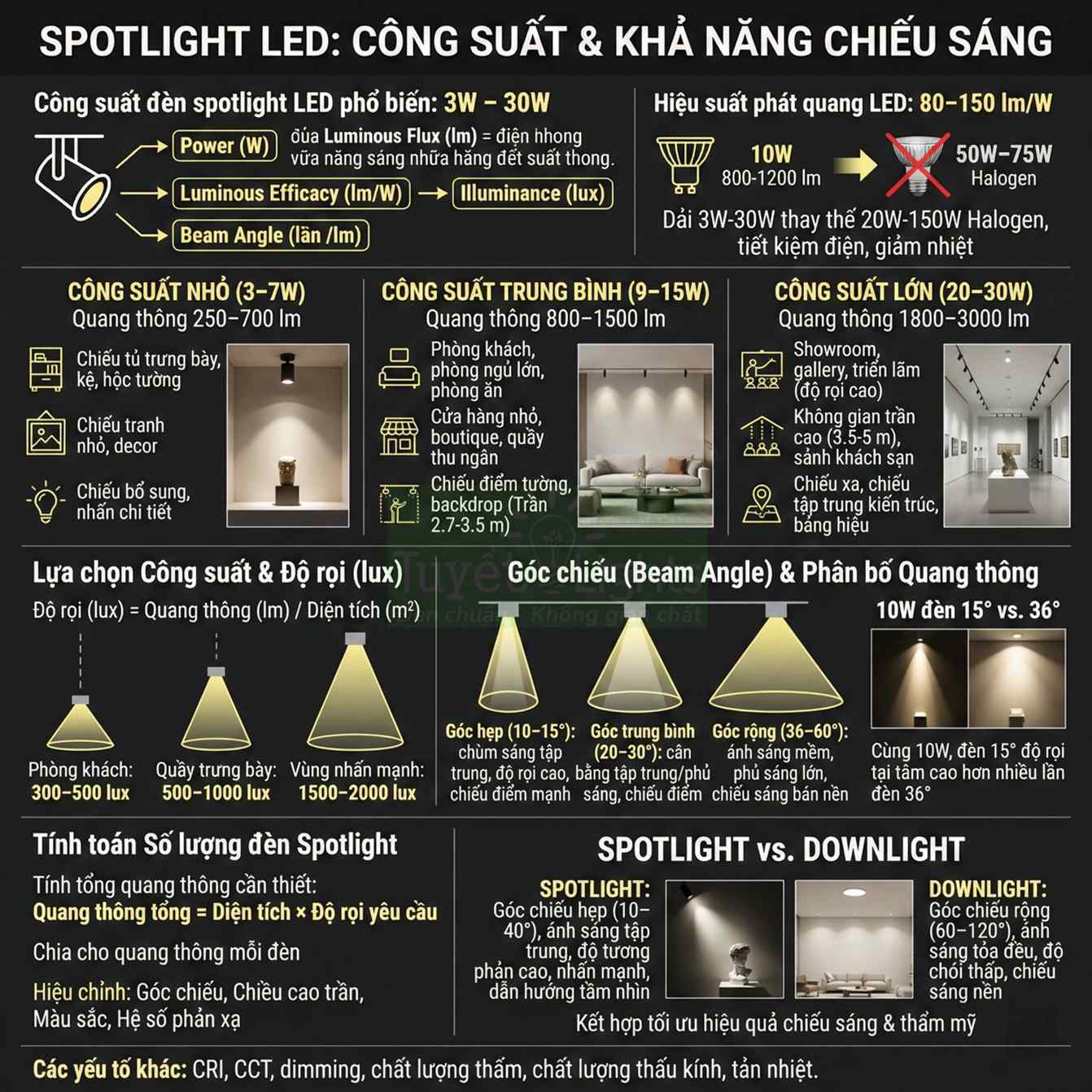 Infographic hướng dẫn chọn công suất, góc chiếu và độ rọi cho đèn spotlight LED trong nhà
