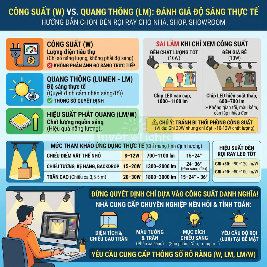 Infographic hướng dẫn chọn đèn rọi ray theo công suất W, quang thông lumen và hiệu suất chiếu sáng thực tế