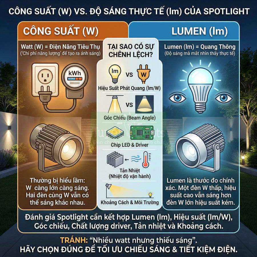 Công suất đèn spotlight ảnh hưởng thế nào đến độ sáng thực tế?