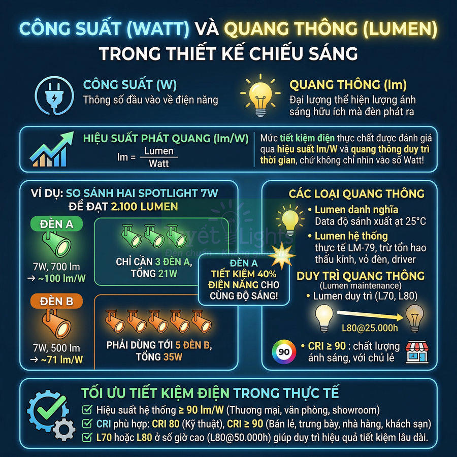 Infographic giải thích công suất watt và quang thông lumen trong thiết kế chiếu sáng, so sánh hiệu suất đèn LED