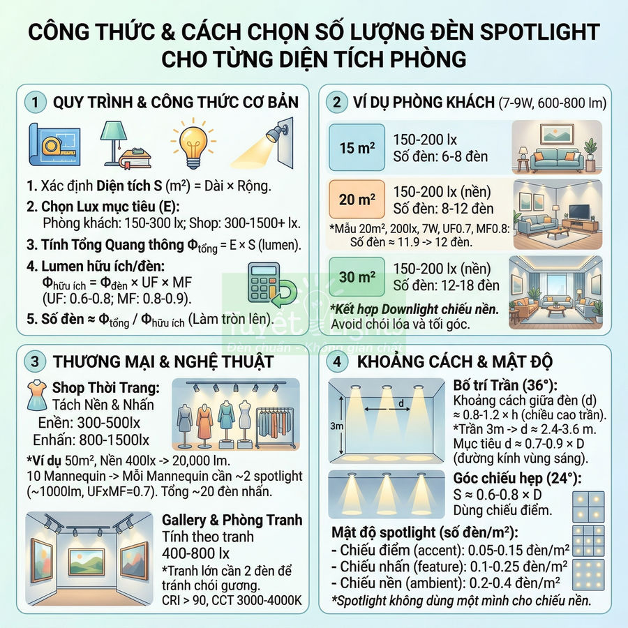 Bảng hướng dẫn chọn số lượng đèn spotlight theo diện tích phòng và khoảng cách lắp đặt