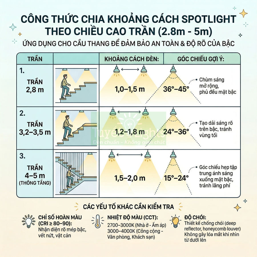 Bảng hướng dẫn chọn khoảng cách và góc chiếu đèn spotlight cho cầu thang theo chiều cao trần nhà