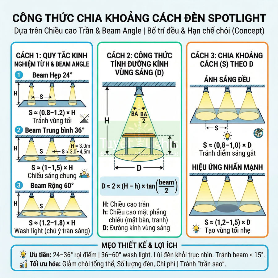 Hướng dẫn công thức chia khoảng cách lắp đèn spotlight theo chiều cao trần và góc chiếu