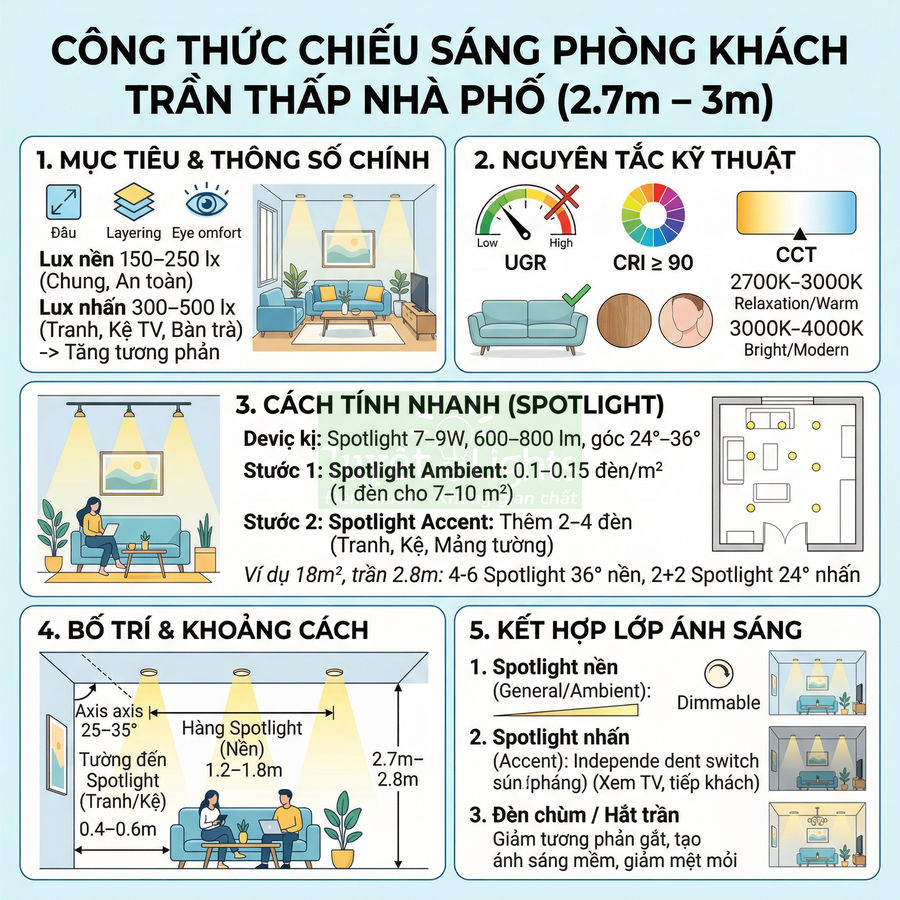 Hướng dẫn công thức bố trí đèn spotlight chiếu sáng phòng khách trần thấp nhà phố 2,7m đến 3m