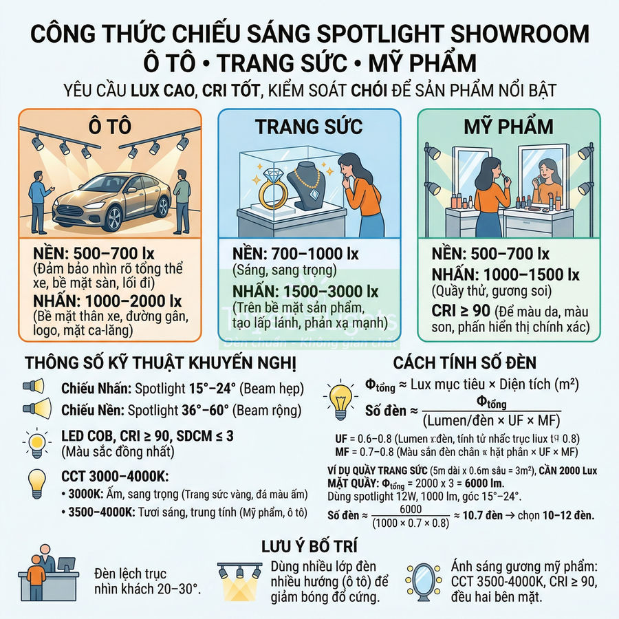 Infographic công thức chiếu sáng spotlight showroom ô tô trang sức mỹ phẩm với thông số lux và CRI khuyến nghị