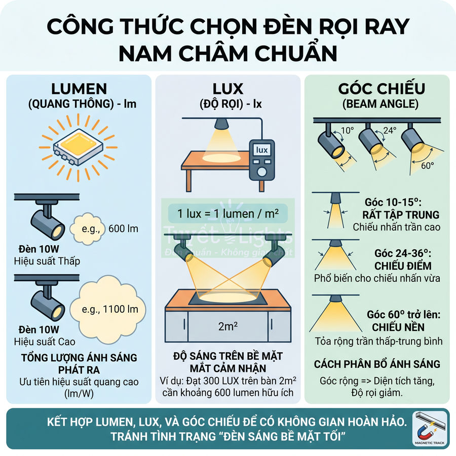 Hướng dẫn chọn đèn rọi ray nam châm chuẩn với thông số lumen lux và góc chiếu chi tiết