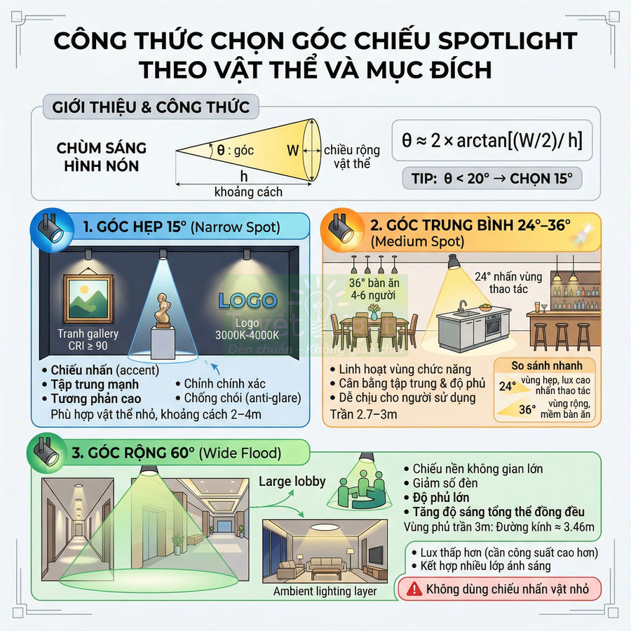 Infographic hướng dẫn chọn góc chiếu đèn spotlight hẹp, trung bình và rộng cho tranh, logo, bàn ăn và không gian lớn