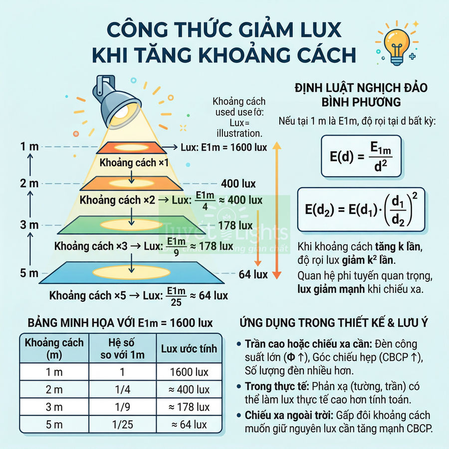 Minh họa công thức giảm độ rọi lux của đèn chiếu sáng theo khoảng cách và ứng dụng trong thiết kế ánh sáng