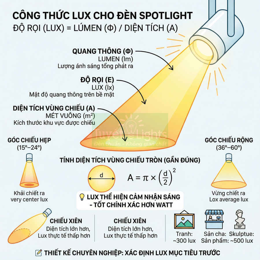 Công thức tính độ rọi lux cho đèn spotlight, minh họa quang thông, diện tích vùng chiếu và góc chiếu hẹp rộng