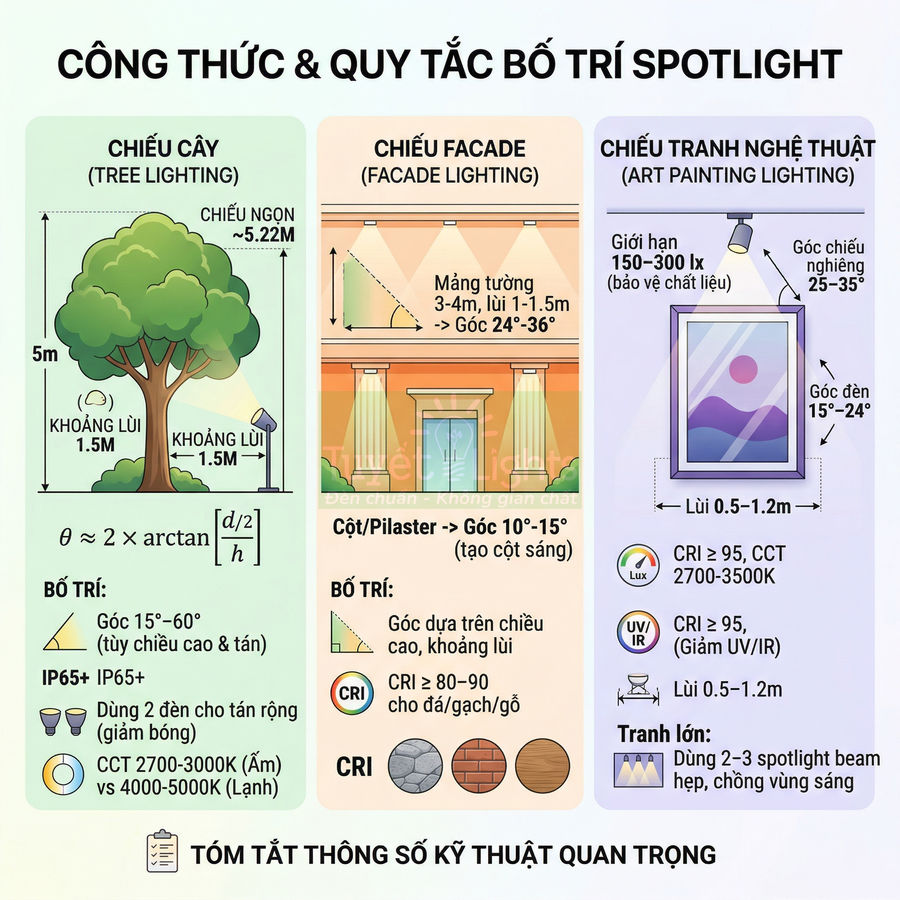 Infographic hướng dẫn công thức và quy tắc bố trí đèn spotlight chiếu cây, chiếu facade và chiếu tranh nghệ thuật