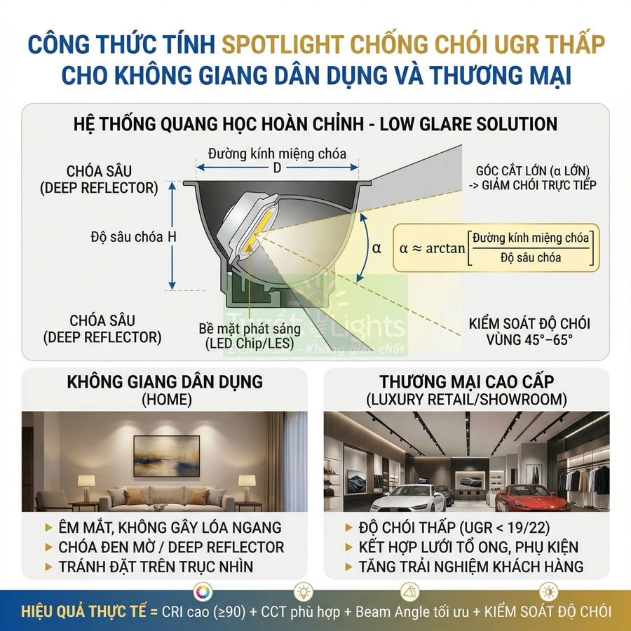 Đèn spotlight LED chống chói UGR thấp cho không gian dân dụng và thương mại, ánh sáng êm mắt, giảm lóa trực tiếp