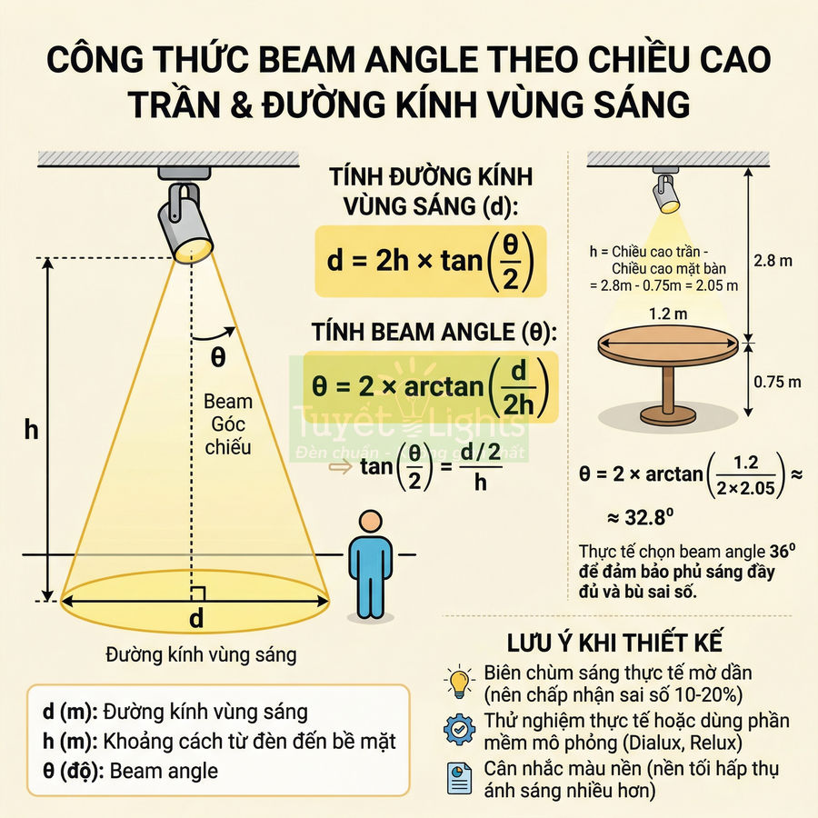 Công thức tính góc chiếu beam angle và đường kính vùng sáng cho đèn chiếu điểm trần nhà