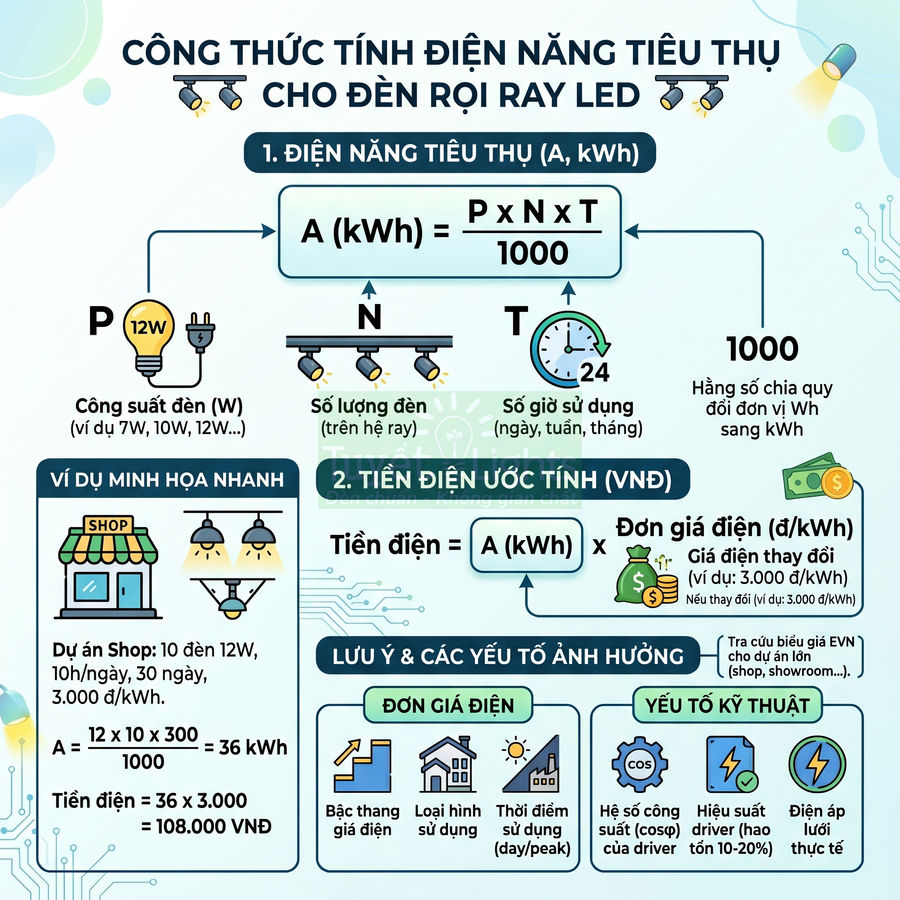 Công thức tính điện năng tiêu thụ và tiền điện cho đèn rọi ray LED kèm ví dụ minh họa chi tiết