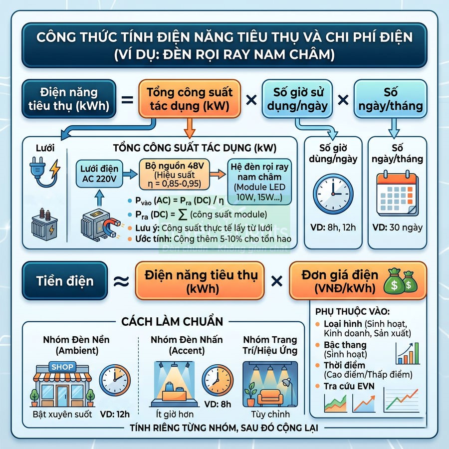 Bảng hướng dẫn công thức tính điện năng tiêu thụ và chi phí điện cho hệ đèn rọi ray nam châm