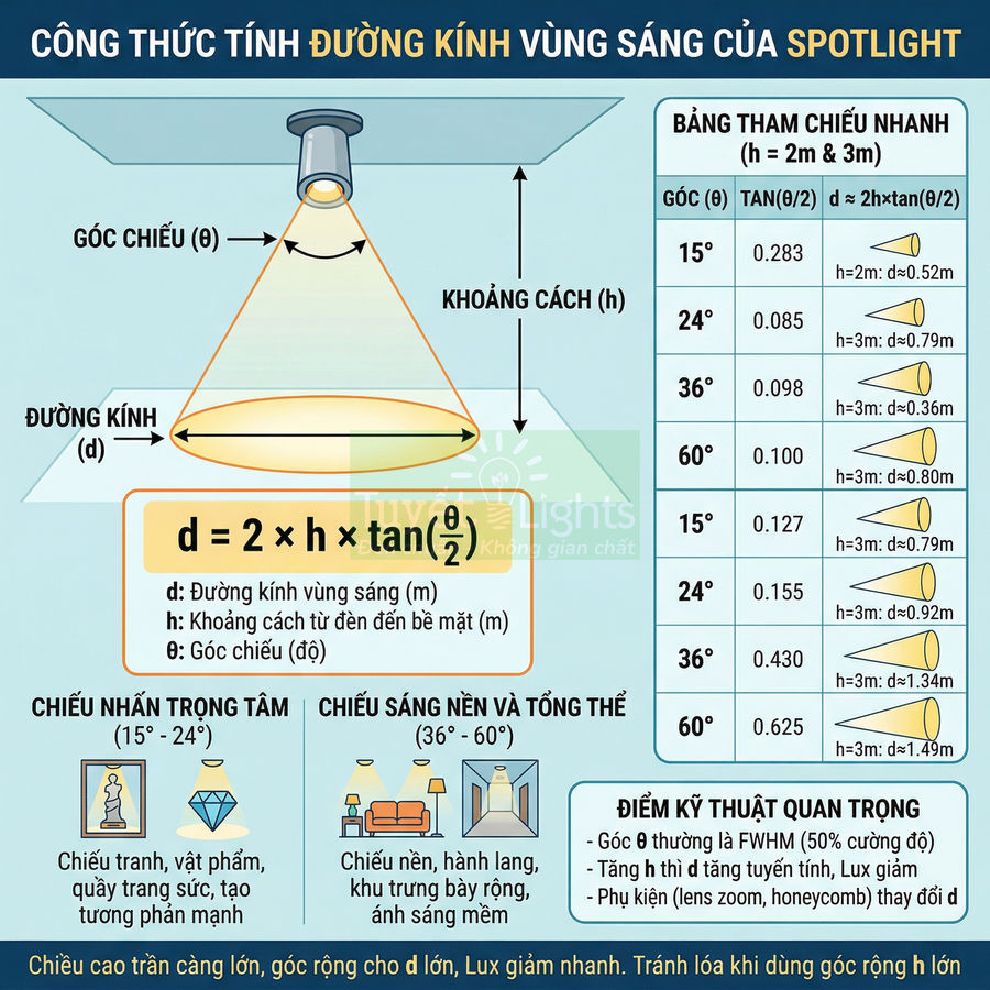 Công thức tính đường kính vùng sáng đèn spotlight theo góc chiếu và khoảng cách trần đến bề mặt