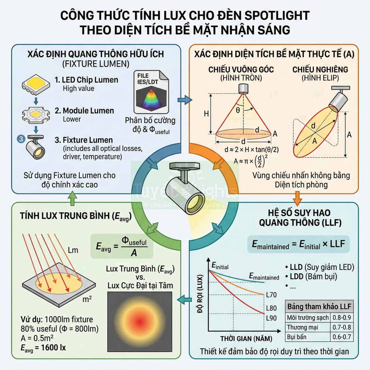Công thức tính lux cho đèn spotlight theo diện tích bề mặt nhận sáng và hệ số suy hao quang thông