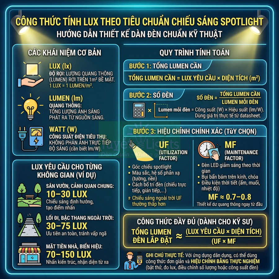Infographic công thức tính lux tiêu chuẩn chiếu sáng spotlight và hướng dẫn thiết kế dàn đèn kỹ thuật