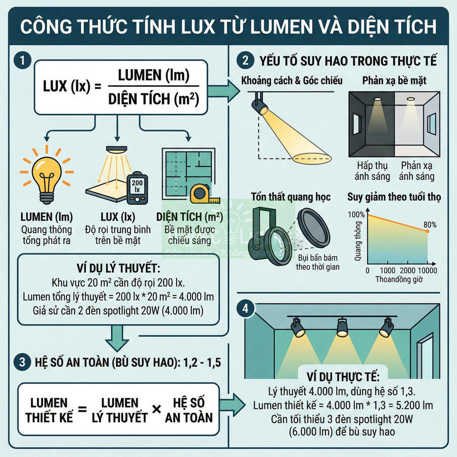 Infographic hướng dẫn tính lux từ lumen và diện tích, minh họa bằng đèn spotlight chiếu sáng phòng
