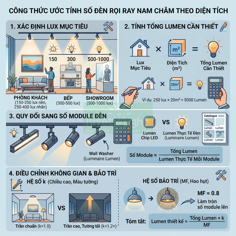 Infographic hướng dẫn tính số đèn rọi ray nam châm theo diện tích và độ sáng lux cho phòng khách, bếp, showroom