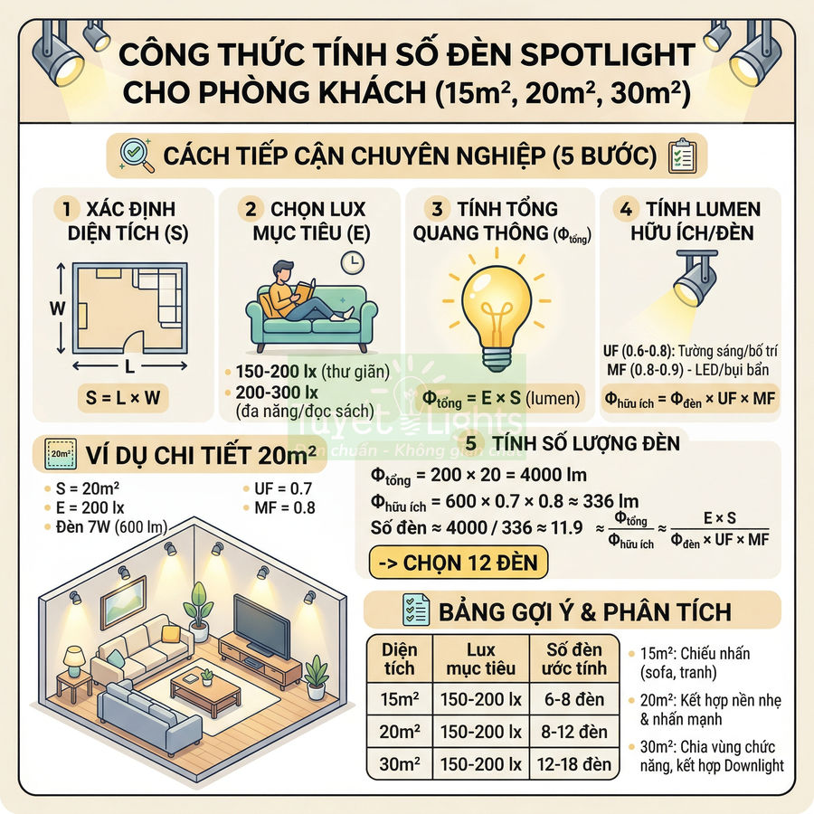 Infographic hướng dẫn tính số lượng đèn spotlight cho phòng khách diện tích 15m2 20m2 30m2