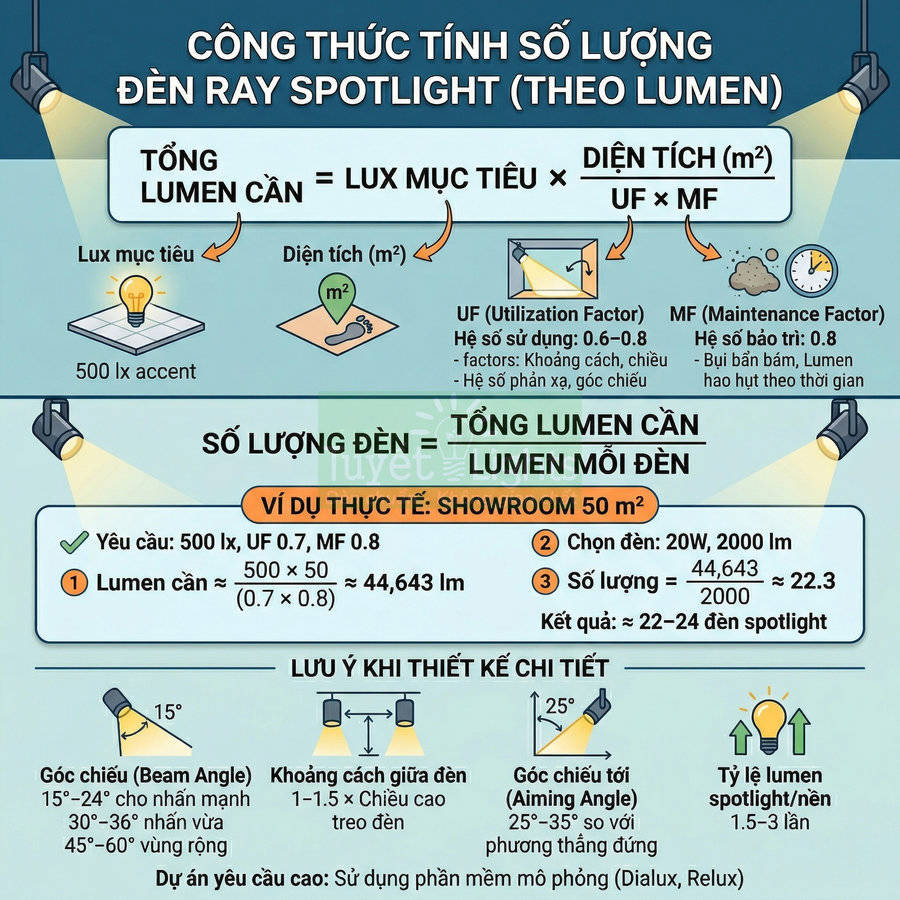 Hướng dẫn tính số lượng đèn ray spotlight theo lumen cho showroom và lưu ý thiết kế chiếu sáng