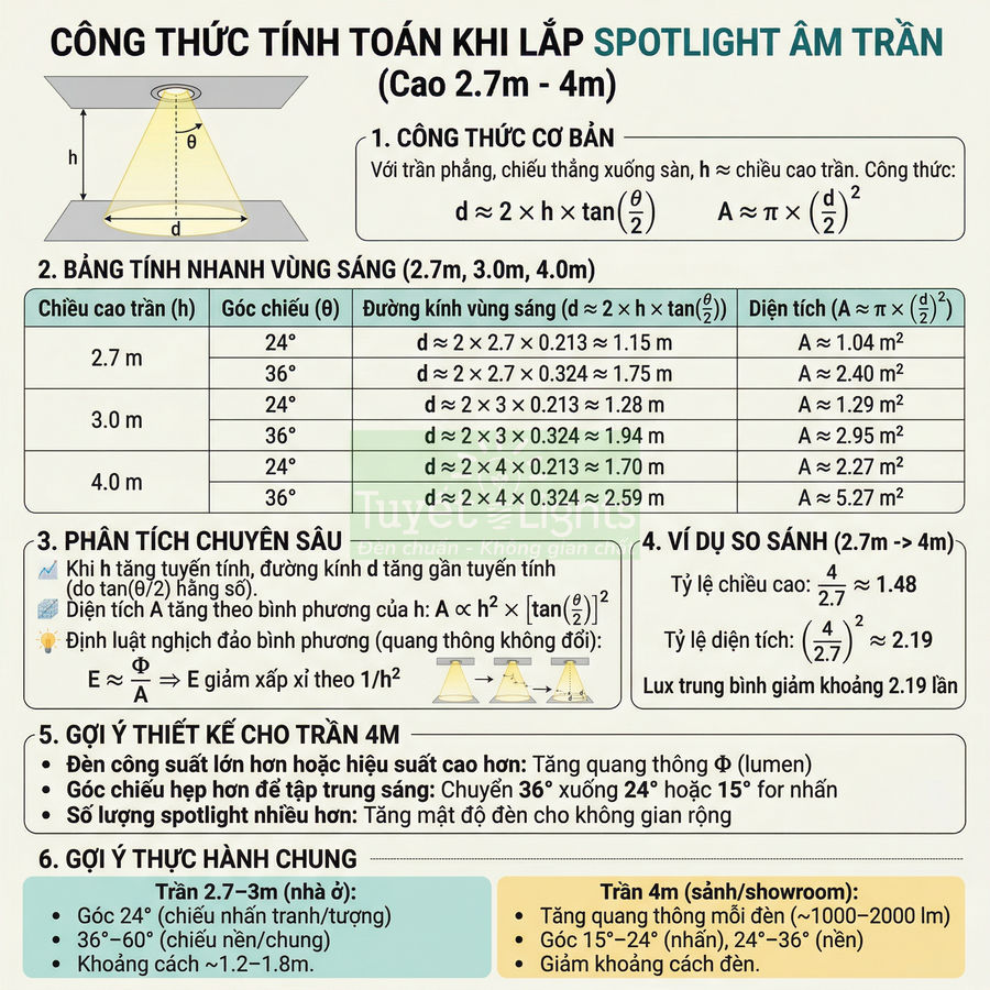 Bảng công thức tính toán lắp đặt đèn spotlight âm trần cao 2.7m đến 4m với góc chiếu và vùng sáng chi tiết