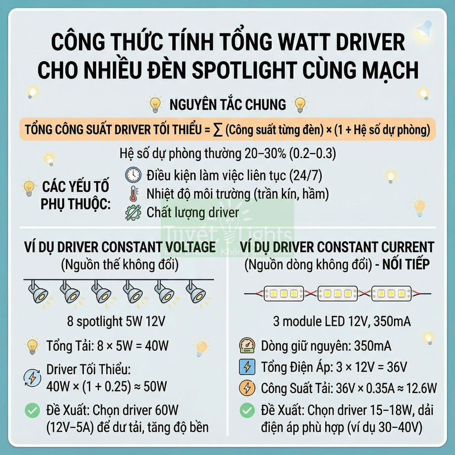 Hướng dẫn tính tổng công suất driver cho nhiều đèn spotlight và ví dụ chọn driver constant voltage, constant current