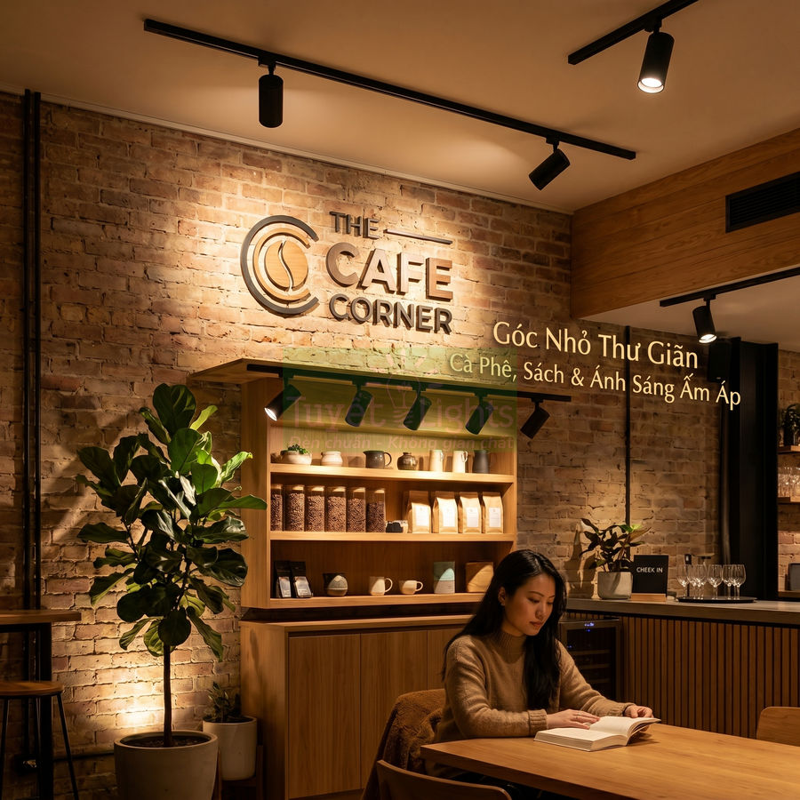 Quán The Cafe Corner với kệ trưng bày cà phê và cô gái ngồi đọc sách trong không gian ấm áp
