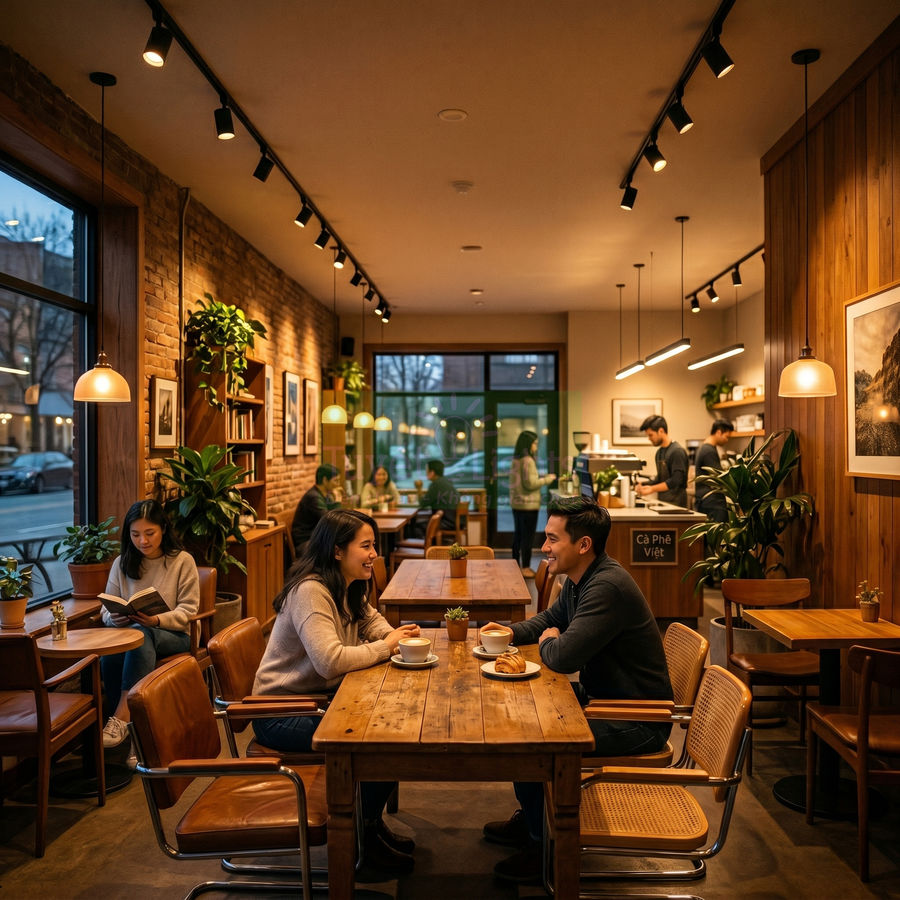 Cặp đôi thưởng thức cà phê và bánh ngọt trong quán cà phê ấm cúng nội thất gỗ