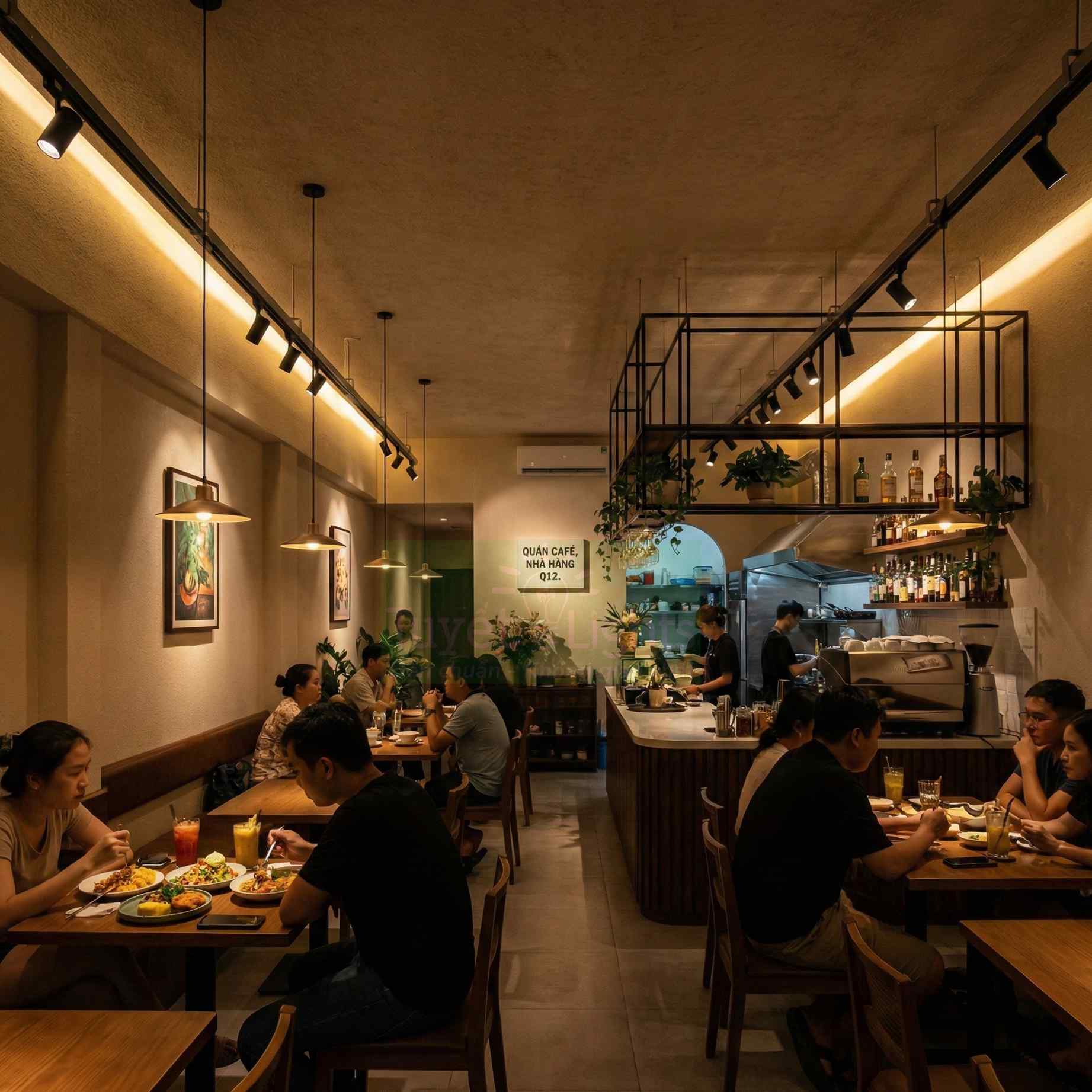 Không gian quán cafe nhà hàng ấm cúng với khách đang dùng bữa và quầy bar pha chế hiện đại