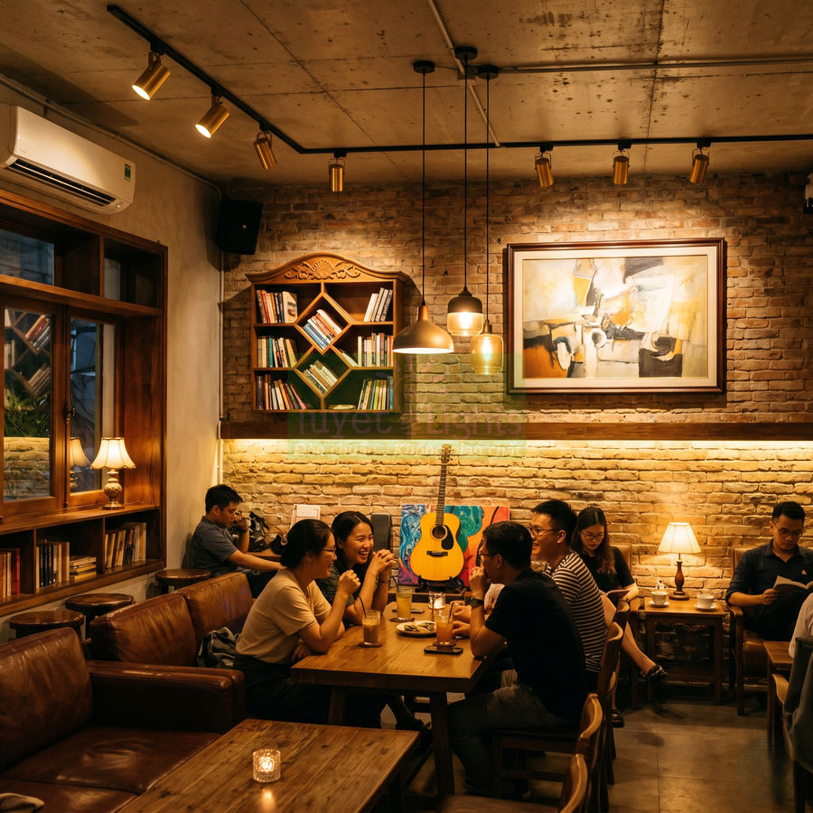 Quán cà phê ấm cúng với bàn gỗ, ghế sofa da, đàn guitar trang trí và khách đang trò chuyện thưởng thức đồ uống