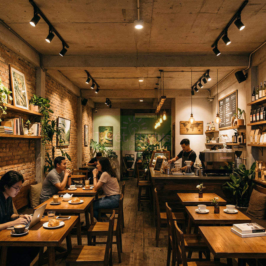 Quán cà phê phong cách vintage với barista pha chế sau quầy và khách ngồi thưởng thức đồ uống trên bàn gỗ