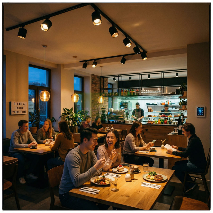 Thực khách thưởng thức bữa tối trong nhà hàng ấm cúng với bếp mở và ánh đèn vàng