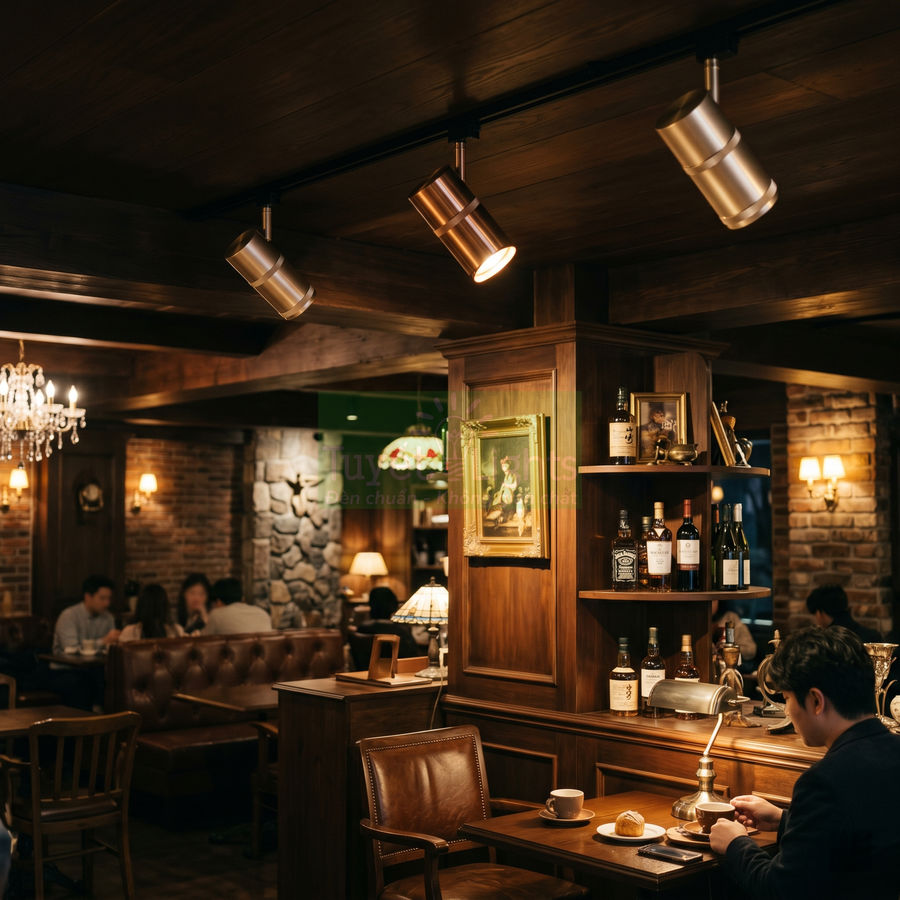 Đèn rọi trần chiếu sáng quầy bar gỗ trong quán cà phê phong cách cổ điển ấm cúng