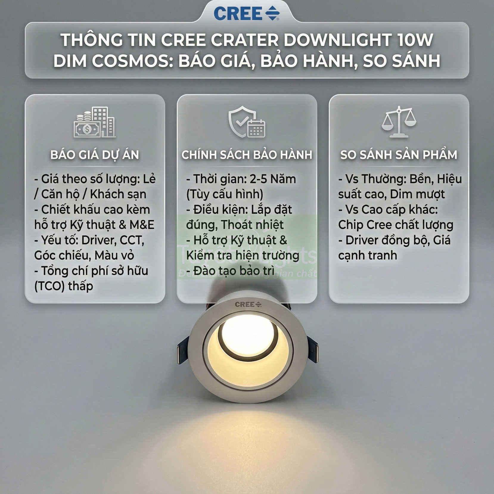 Đèn downlight âm trần Cree Crater 10W Dim Cosmos màu trắng đang bật sáng trên nền xám