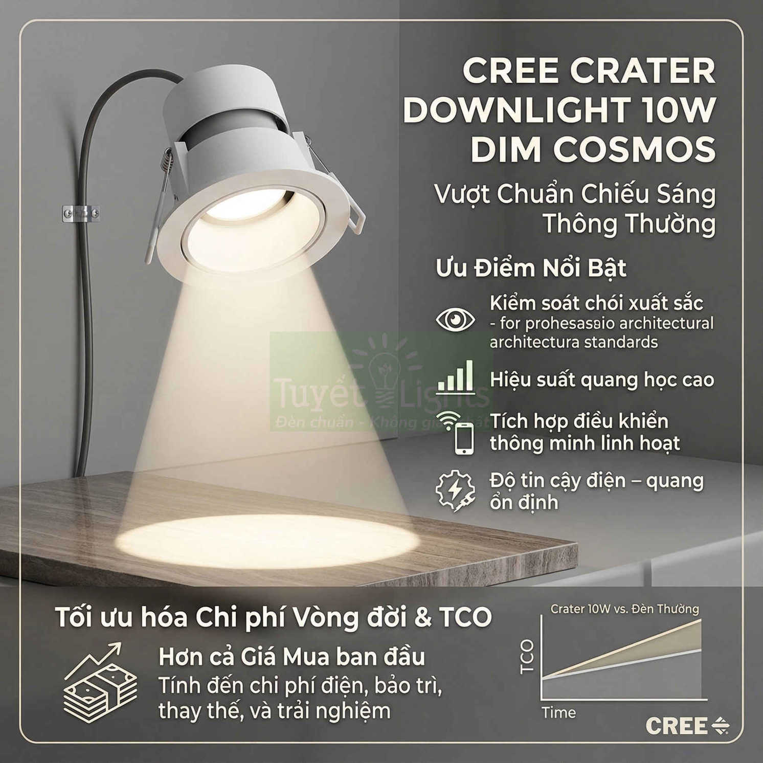 Đèn downlight âm trần CREE Crater 10W Dim Cosmos chiếu sáng bàn, tối ưu chi phí và hiệu suất chiếu sáng