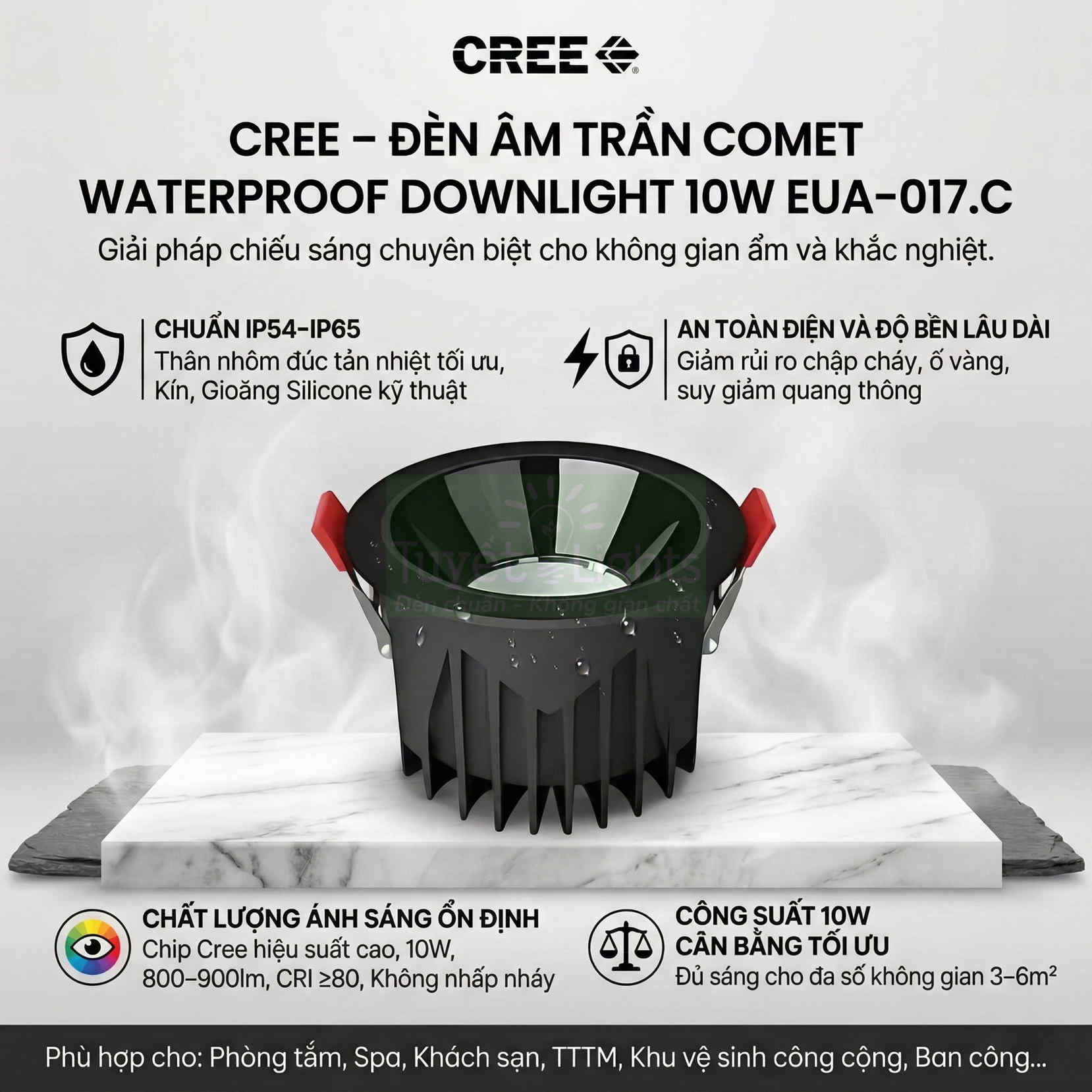 Đèn âm trần chống nước Comet Cree 10W EUA-017.C màu đen, thân nhôm tản nhiệt, dùng cho phòng tắm và spa