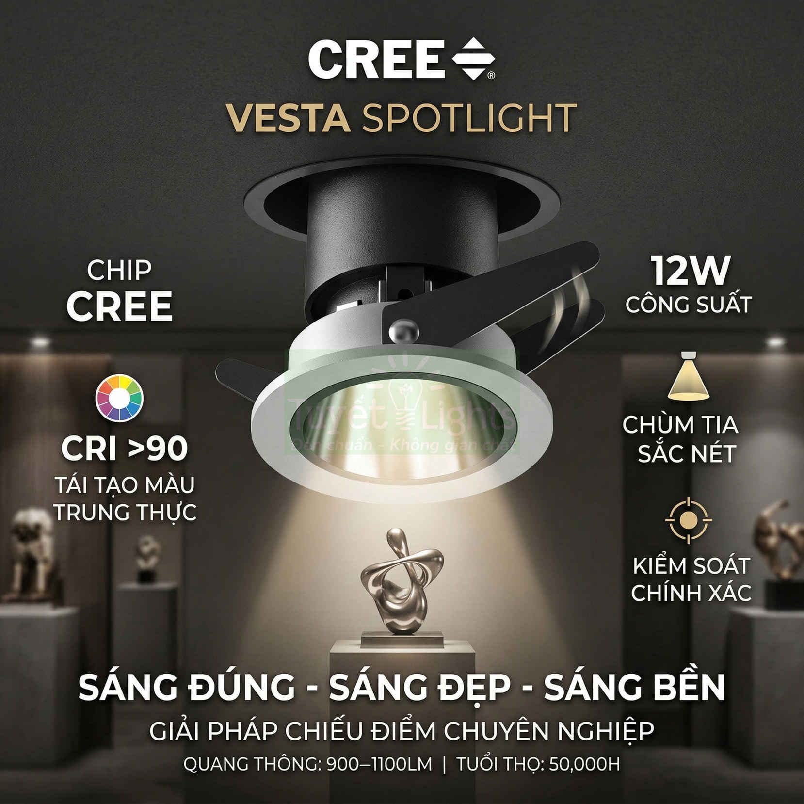 Đèn chiếu điểm âm trần CREE Vesta Spotlight 12W chiếu sáng tượng trưng bày trong không gian trưng bày nghệ thuật