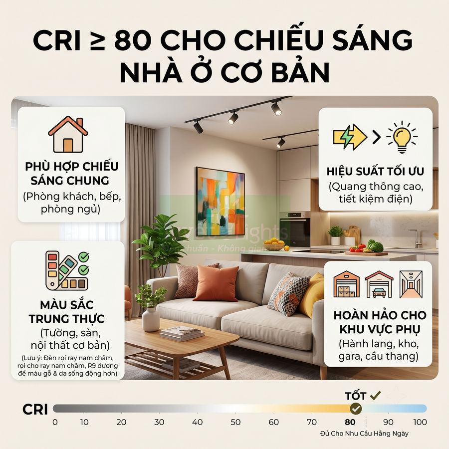 Phòng khách hiện đại dùng đèn rọi ray CRI 80 cho ánh sáng trung thực, hiệu suất cao, phù hợp chiếu sáng nhà ở cơ bản
