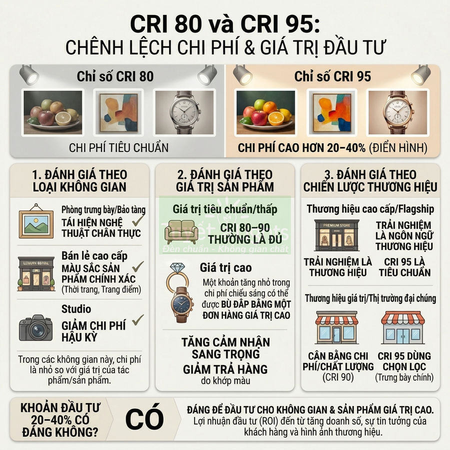 Infographic so sánh chỉ số CRI 80 và CRI 95 về chi phí, giá trị đầu tư và ứng dụng chiếu sáng sản phẩm